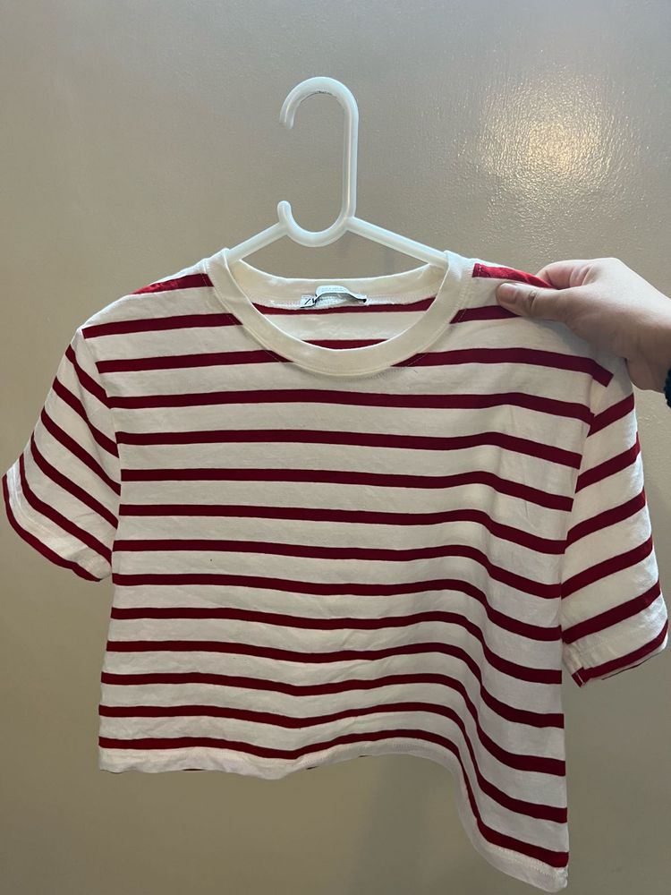Zara Red Striped Cropped Tee