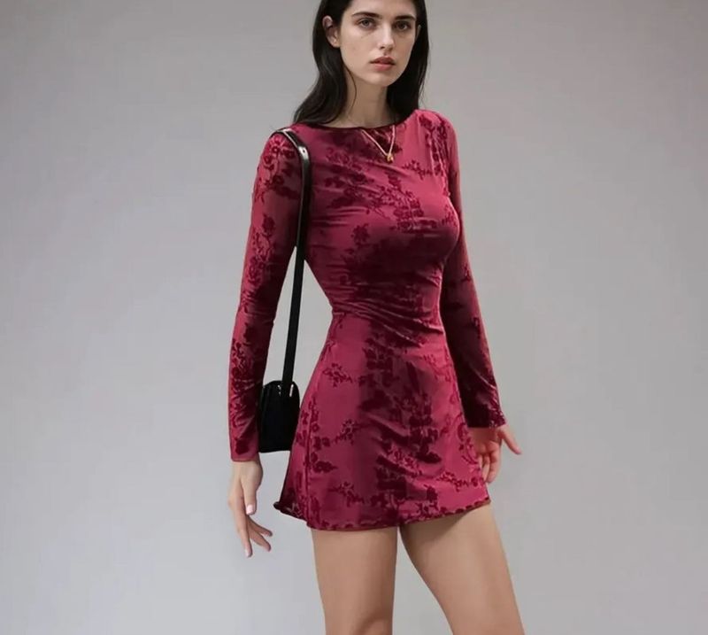 Maroon Red Floral Long Sleeve Mini Dress