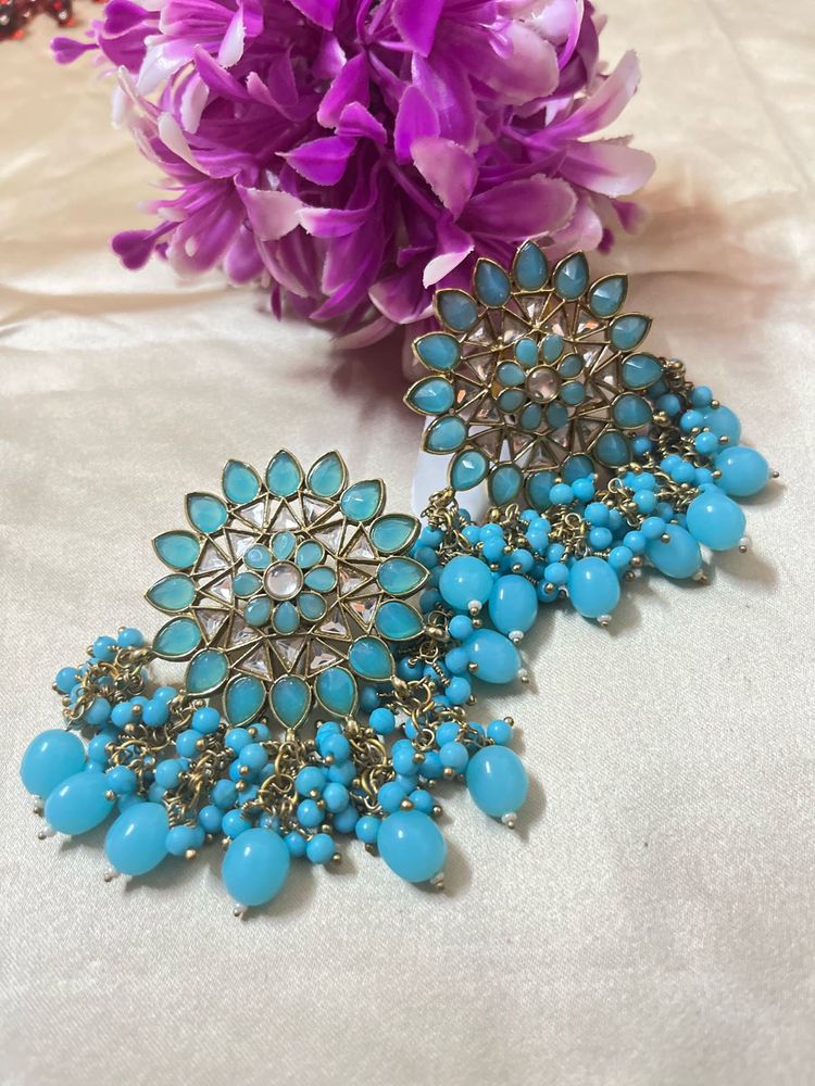 Blue Beaded Statement Earrings