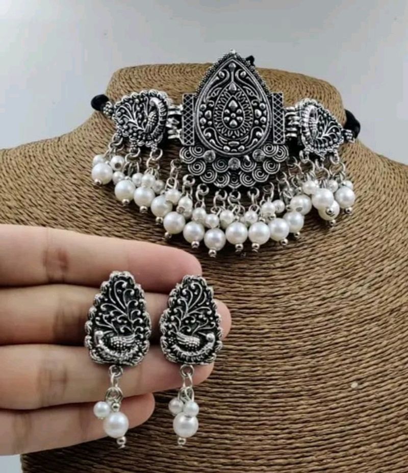 Silver Tone Choker and Earring Set
