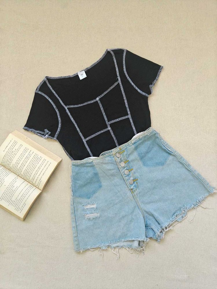 Black Contrast Stitch Crop Top