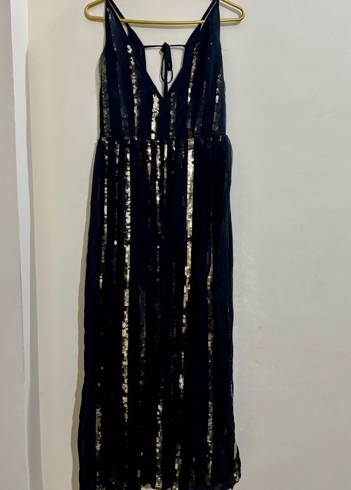 Black Sparkling Sequin Both Side Slit Maxi Dress