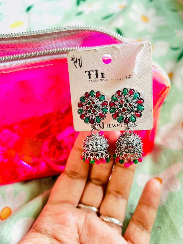 Green &amp; Pink Oxidised Jhumkas
