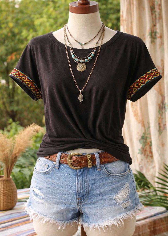 Boho Embroidered Cuff T-Shirt
