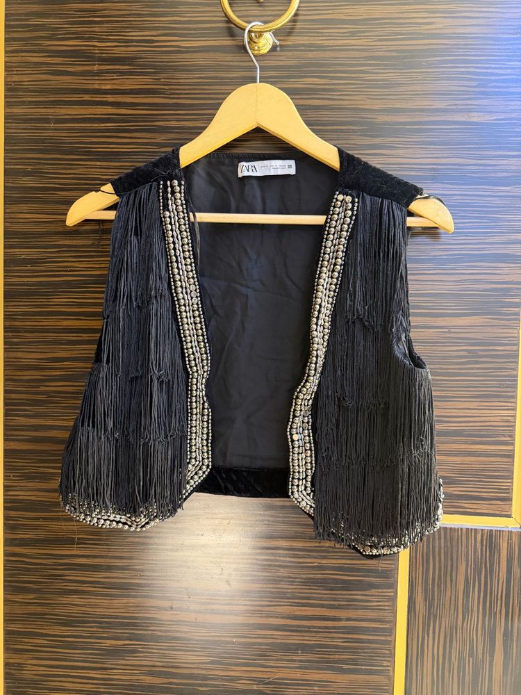 Zara Fringed Embellished Vest Check description