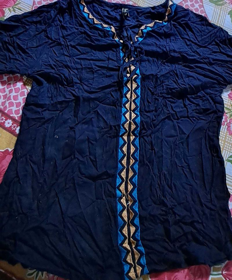 Embroidered Navy Tunic Top