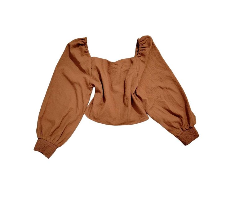 Rust Textured Square Neck Puff Sleeve Crop Top