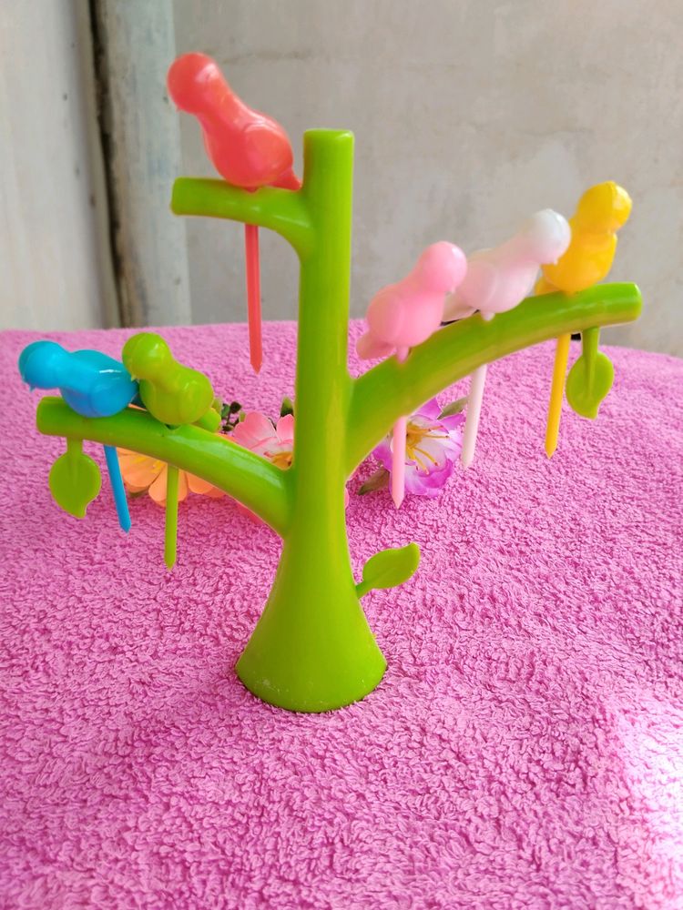 Plastic Bird Fruit/Meat Fork Set Of 6 With Stand