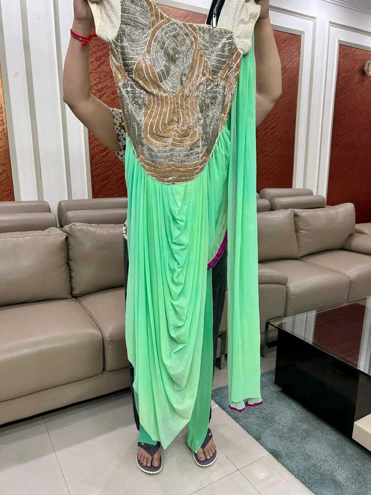 Florescent GREEN DRAPE SAREE WITH LEGGINGS