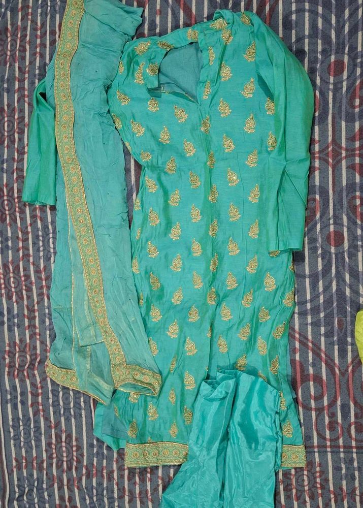 Teal &amp; Gold Embroidered Kurta Set