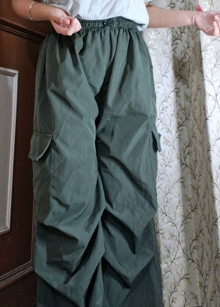Olive Baggy Parachute Pants