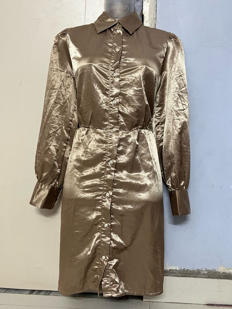 Versia Branded Silk Golden Shirt Dress