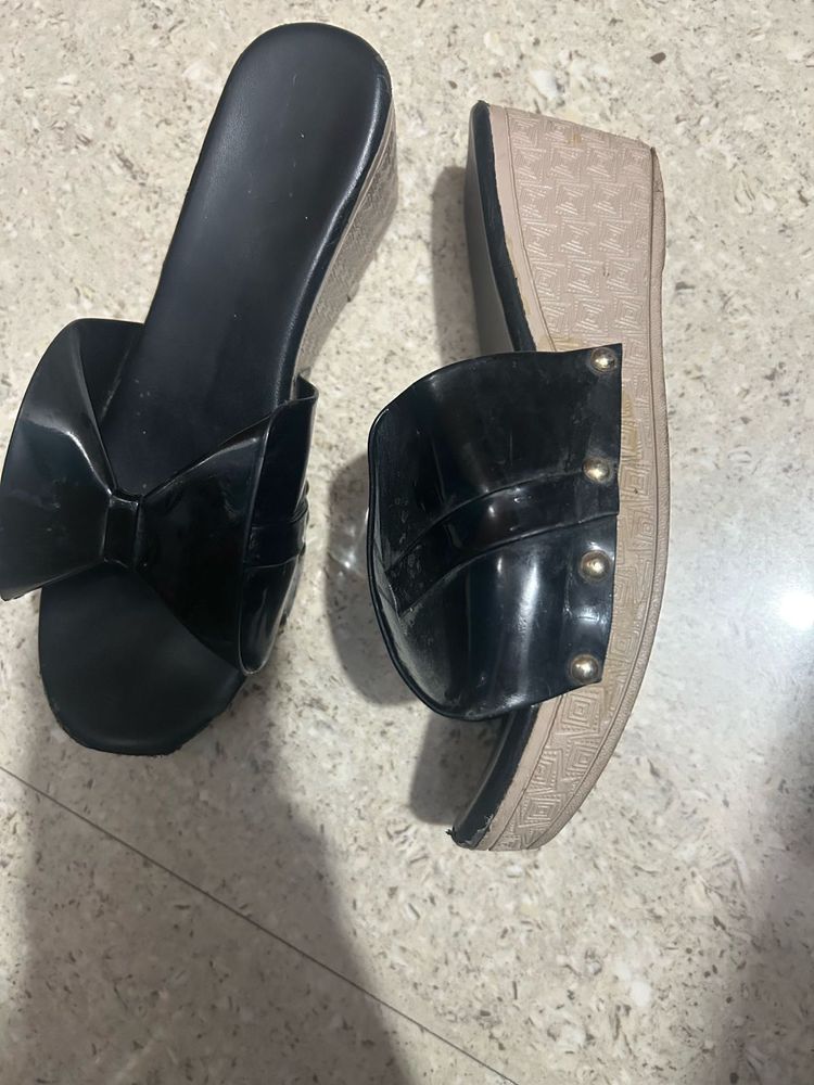 Black Wedge Heel Bow Sandals