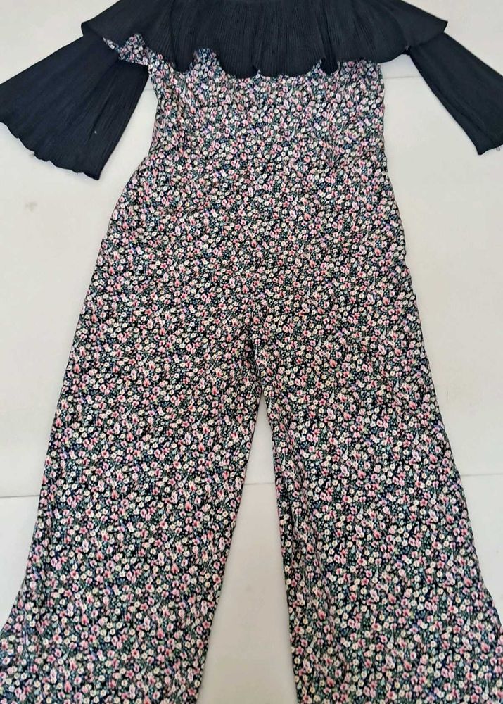 Cutecumber Floral Print Jumpsuit, Ruffled Shoulder