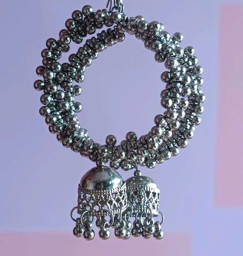 Boho Silver Jhumka Earrings