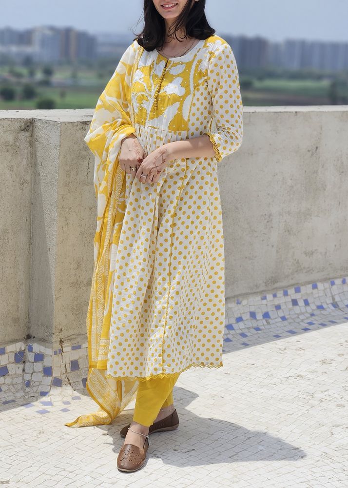 Mustard Pure Cotton Floral And Polka Dress
