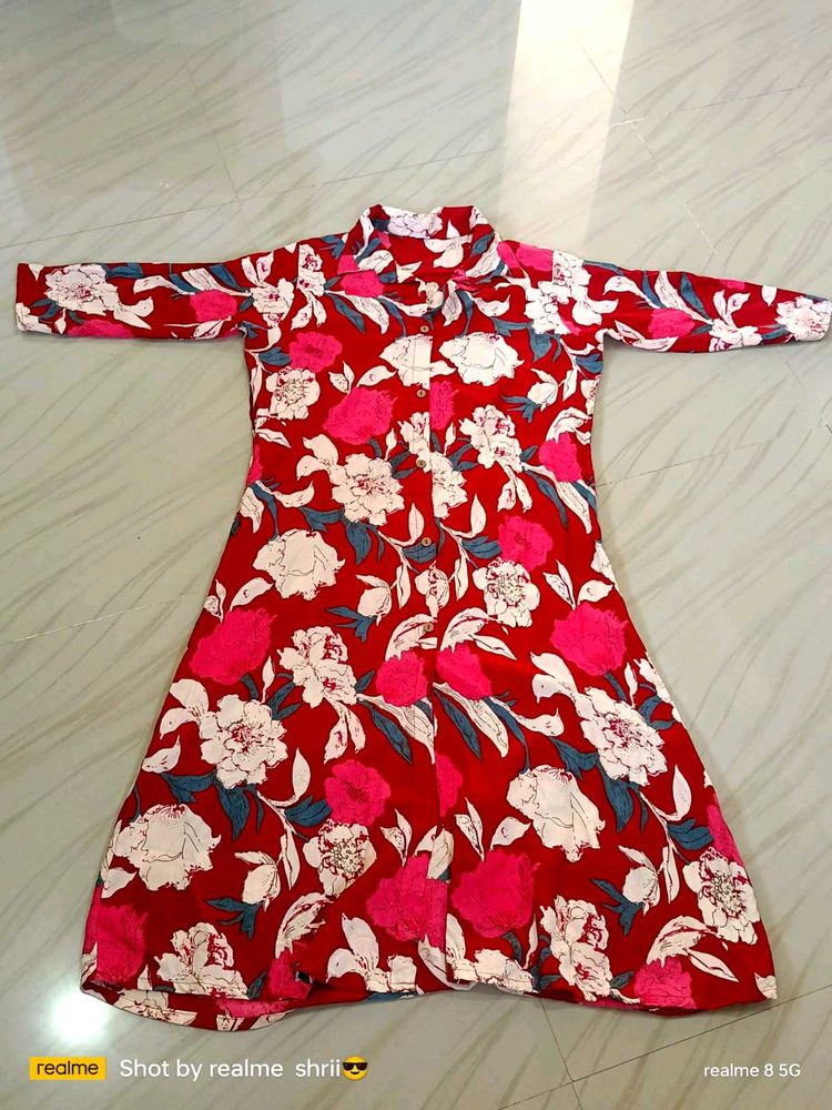 Red Floral Print Shirt Dress
