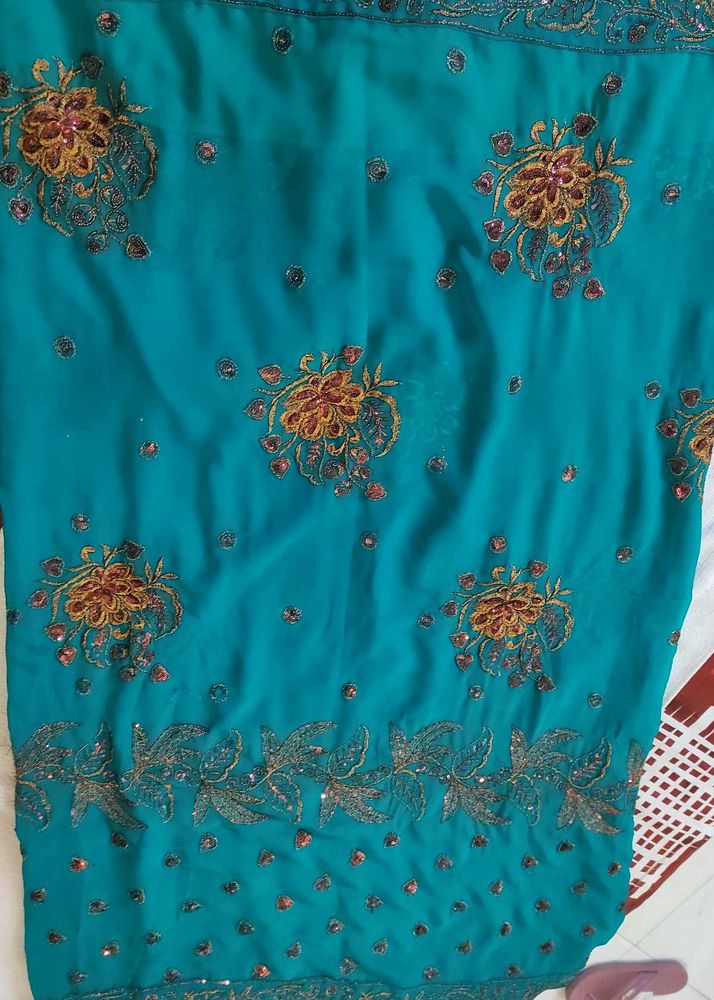 Teal Saree with Golden &amp; Pink Floral Embroidery