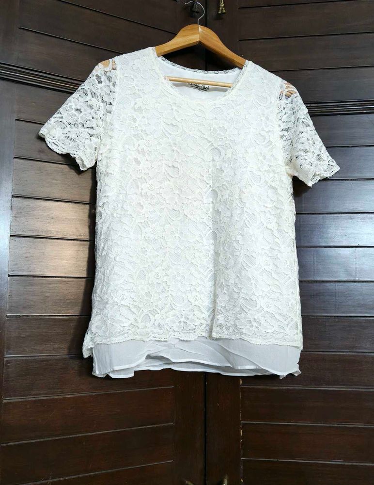 Women White Lace Round Neck Casual Top