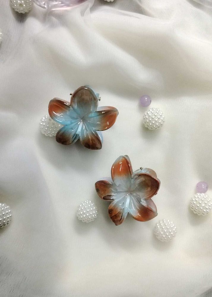 Blue And Orange Floral Hair Clips-1pc