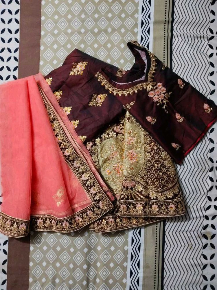 Semi Stitched Maroon Lehenga Set