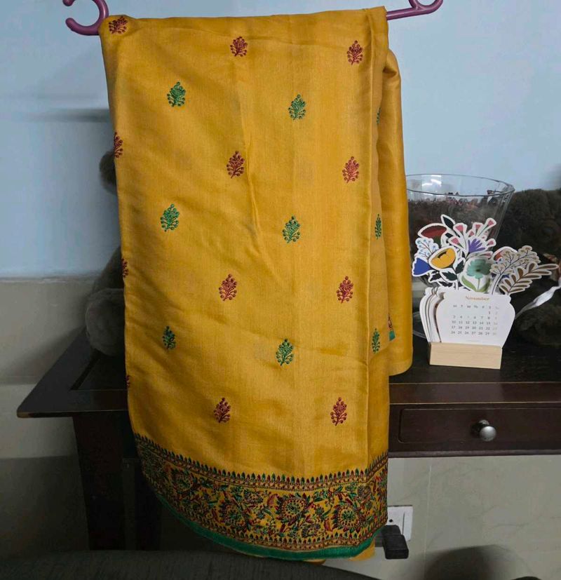 Unused Elegant Embroidered Saree, Haldi yellow