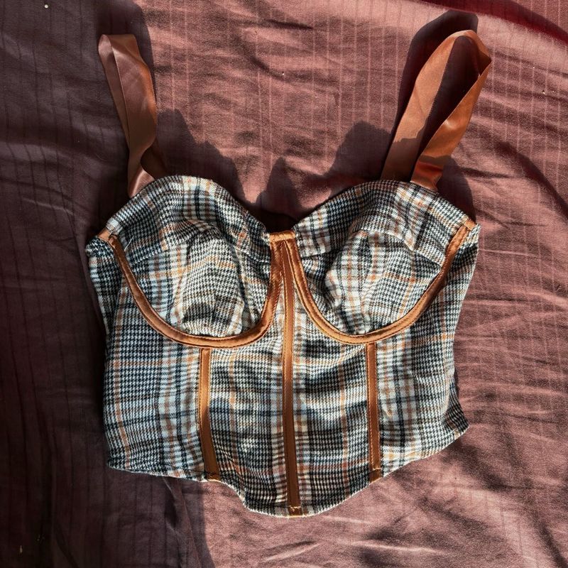 Vintage-Style Plaid Corset Top with Satin Trim🎀