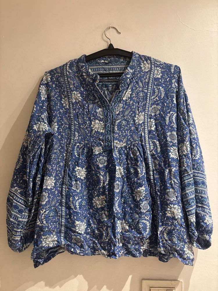 Blue Floral Long Sleeve Top