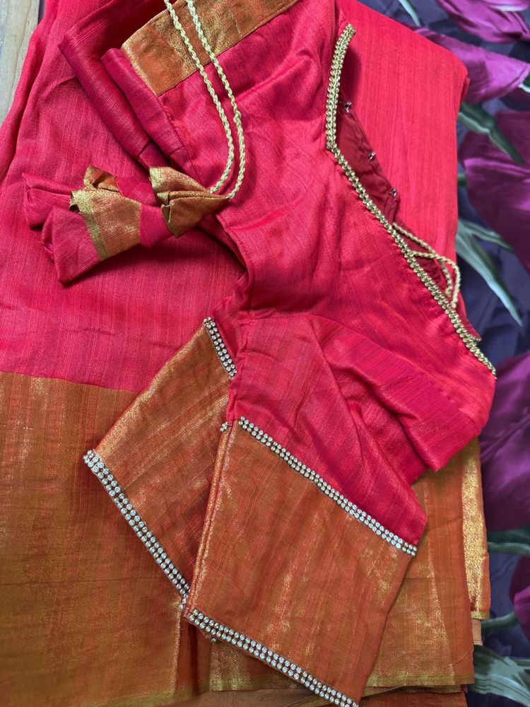 Red &amp; Gold Saree with Embellished Blouse