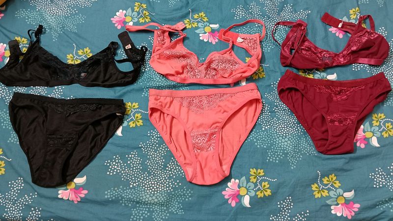 Lingeris | Pack Of 6 (3 Sets) | Black, Maroon And Peach Color Panty- Bra Set