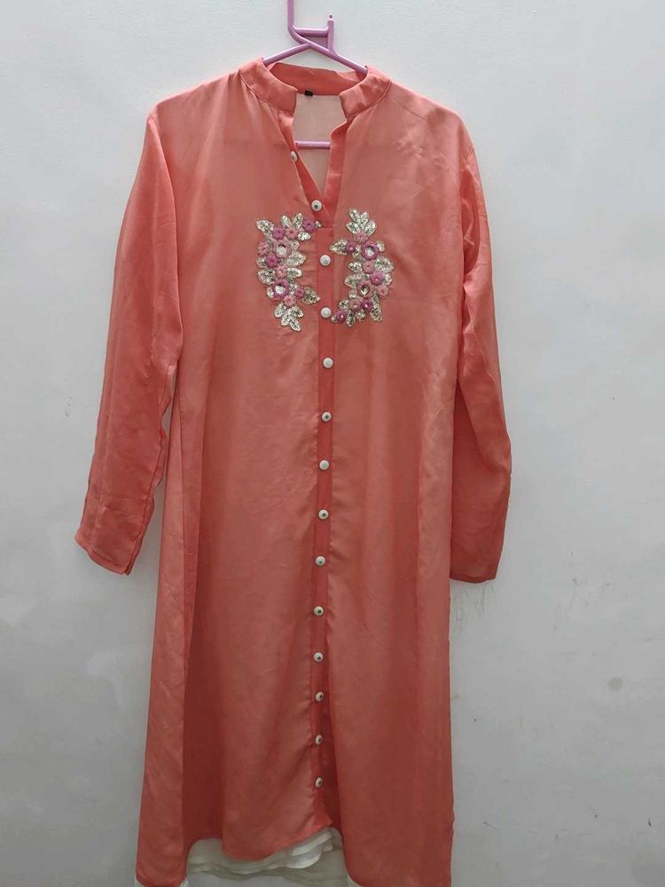 🌸 Designer Peach Party Wear Kurta with Inner 🌸