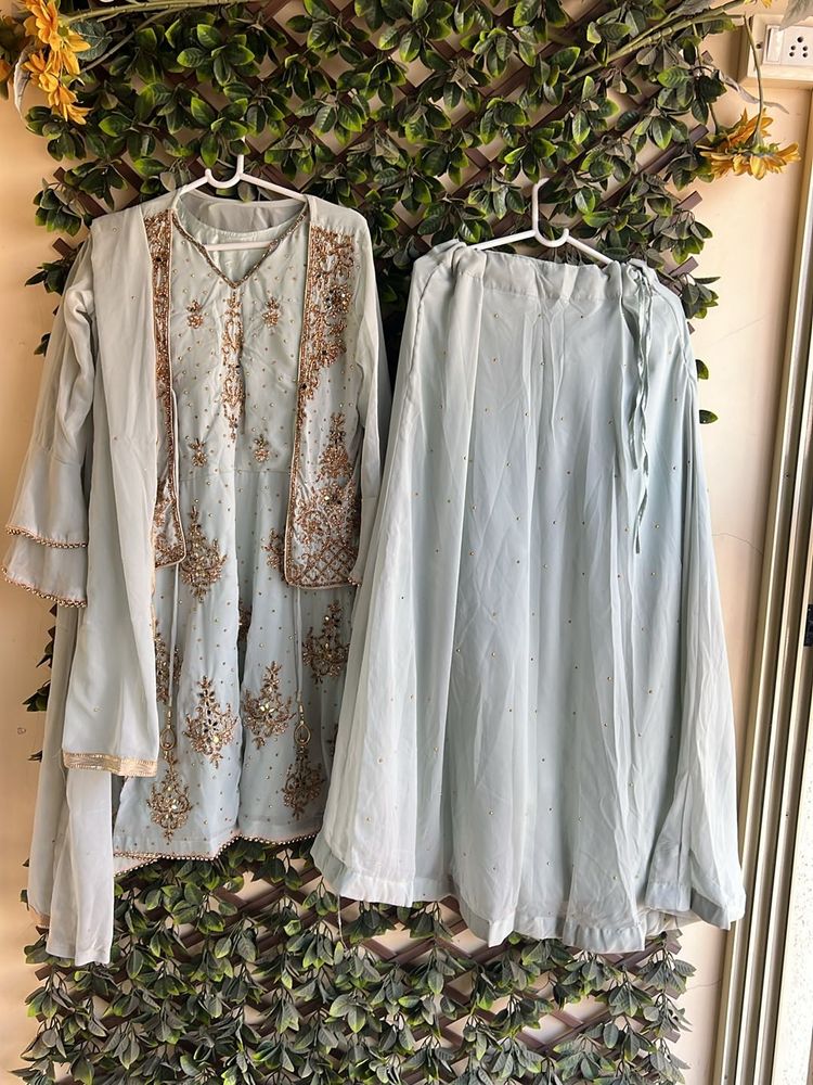 Light Blue Color Kurta With Jacket,Skirt N Dupatta