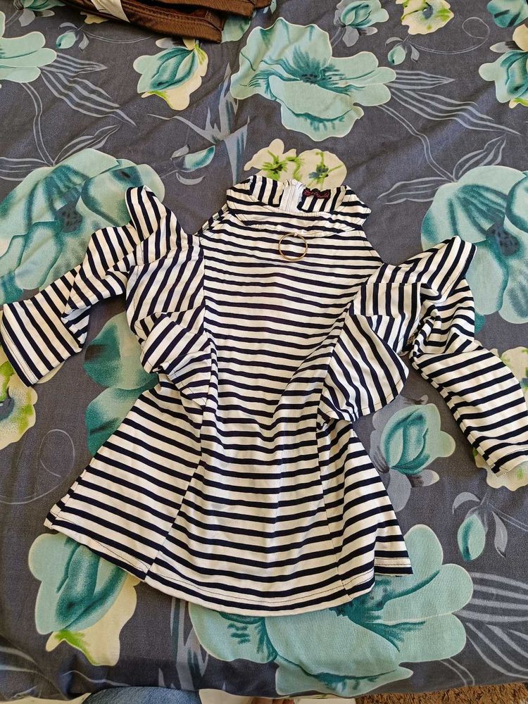 Black &amp; White Striped Cold-Shoulder Top with Ruffl