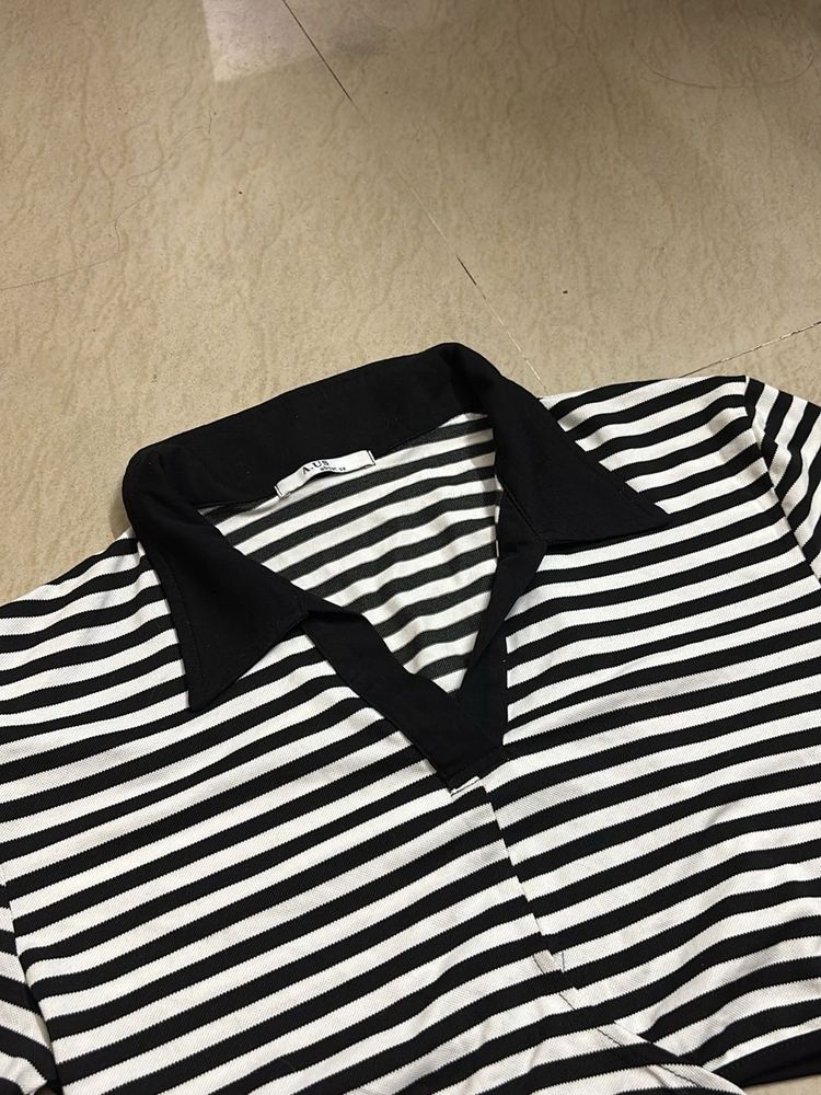 wrap Striped Collared Top
