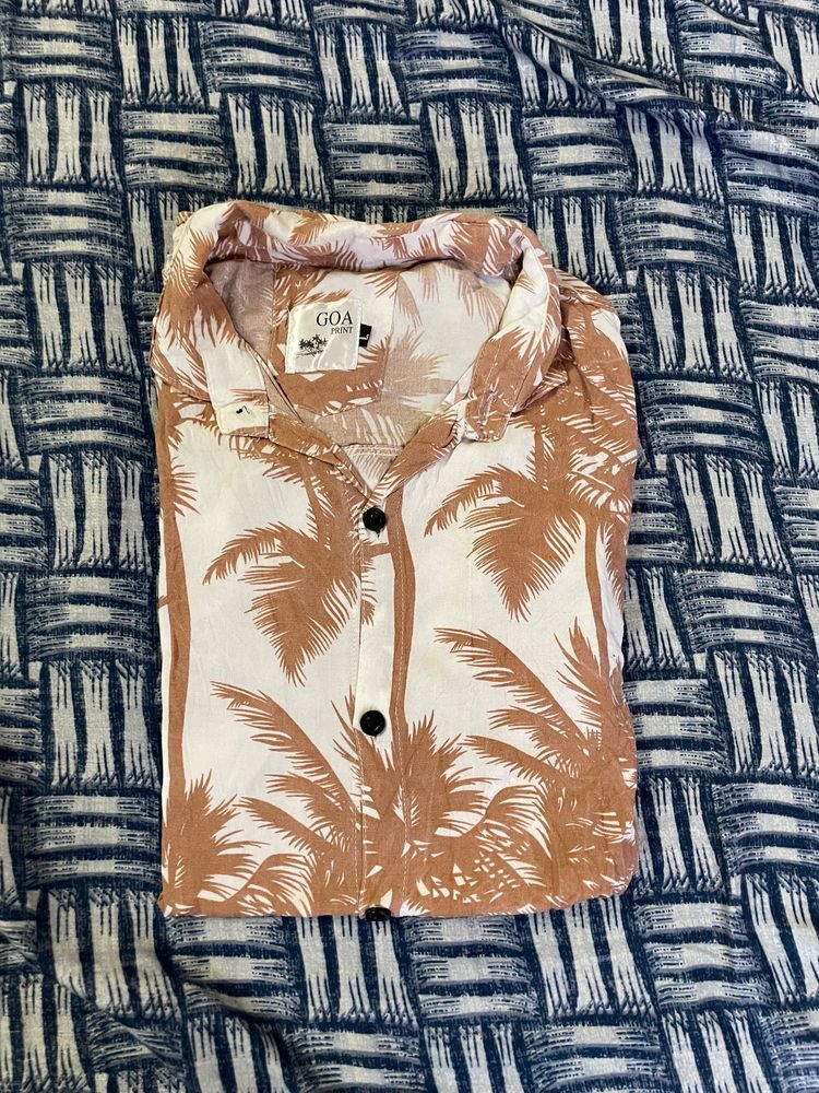 Original Goa Shirt Palm Tree Print White And Brown
