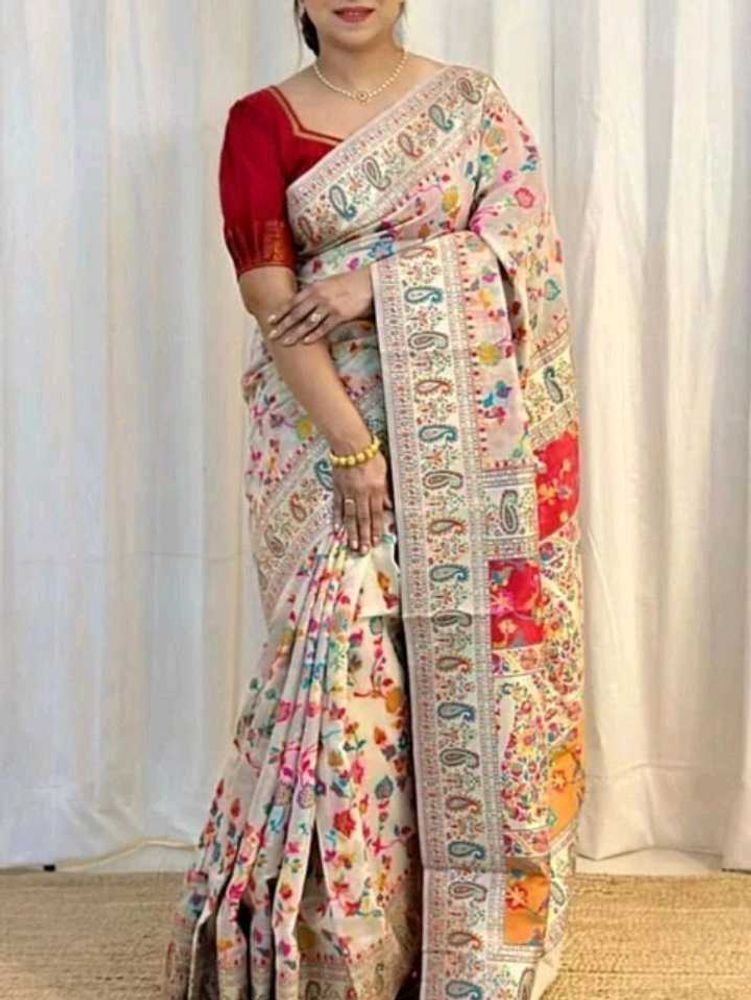 Floral Print Saree with Red Blouse
