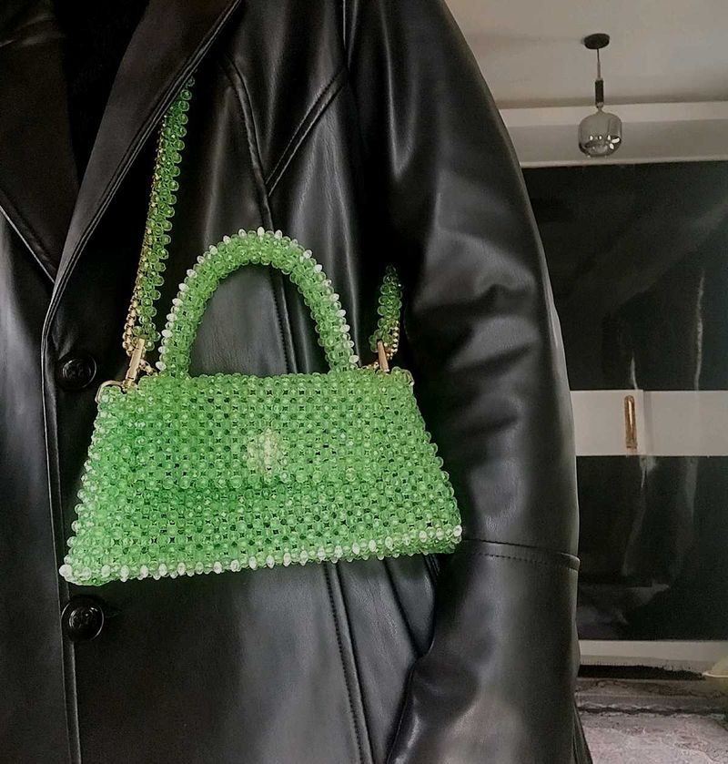 Green Beaded Top Handle Bag