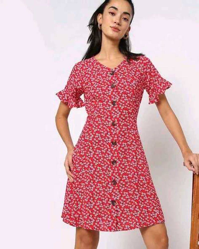 Red Flared Mini Dress - Floral Design