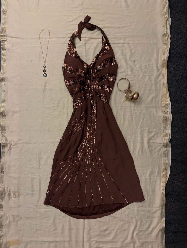 y2k Brown Sequin Halter Dress