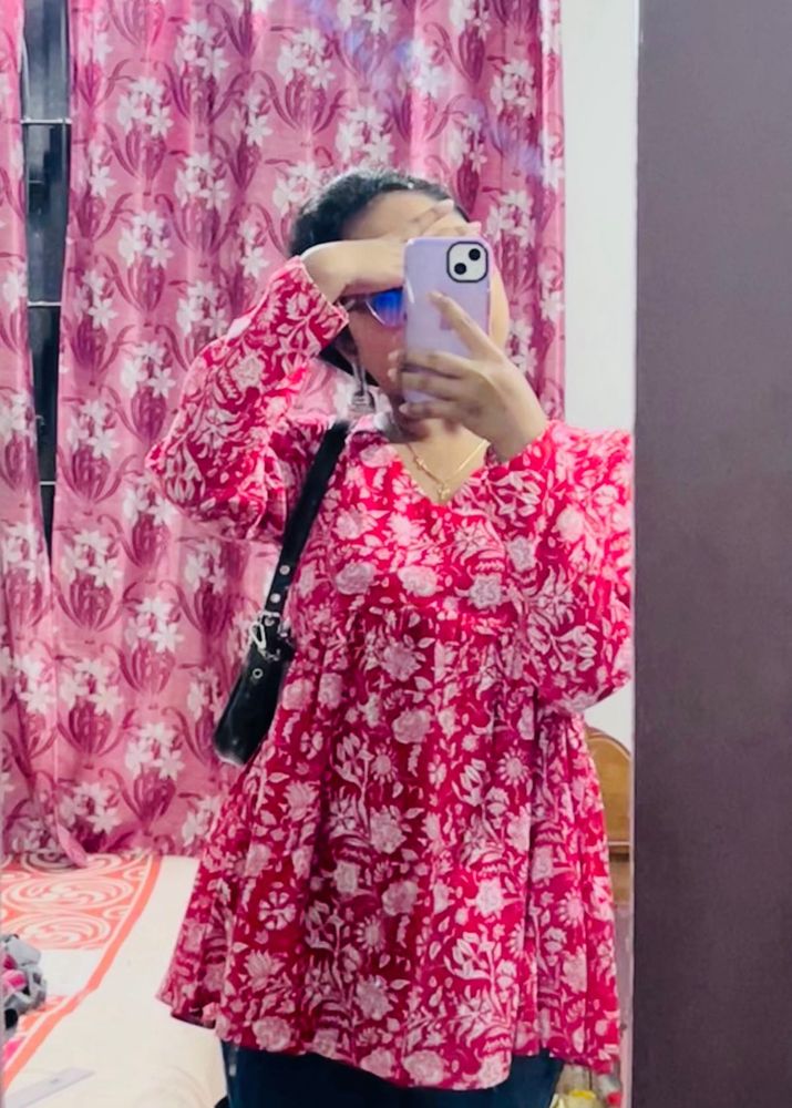 Beautiful Floral Peplum Full Sleeves Short Kurti