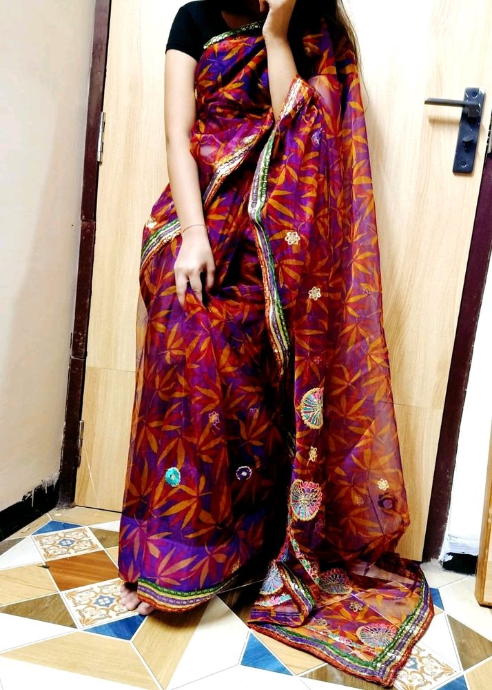Deep Purple-wine Complete Piku Faul Net Saree...