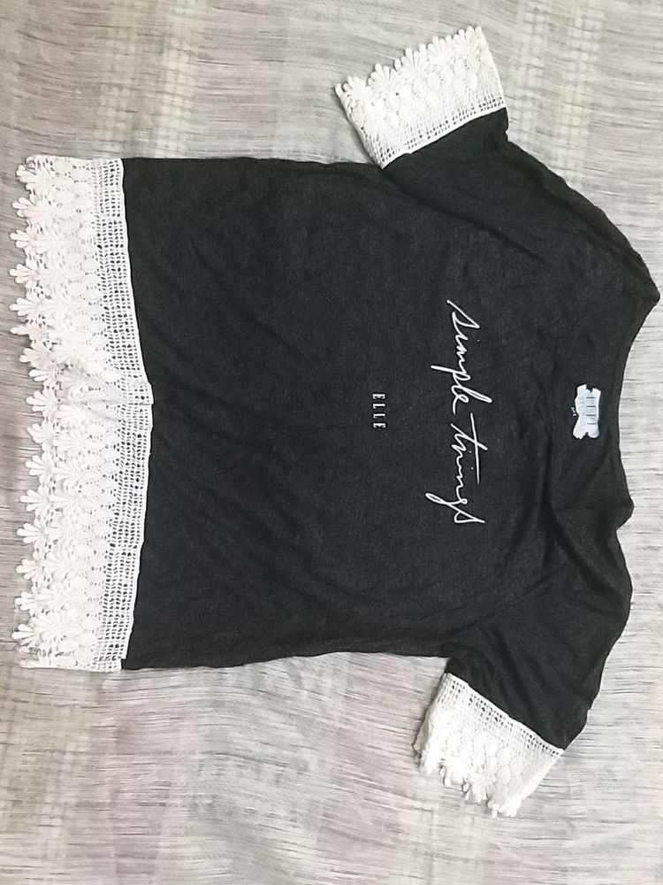 ELLE Simple Things Lace Trim Tee | Casual Grey Top