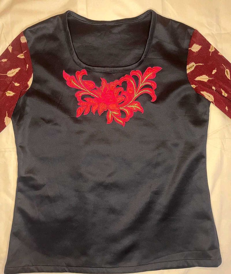 Elegant Black Blouse with Red Floral Embroidery