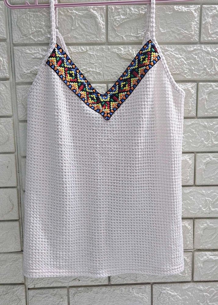 Embroidered Cream Tank Top