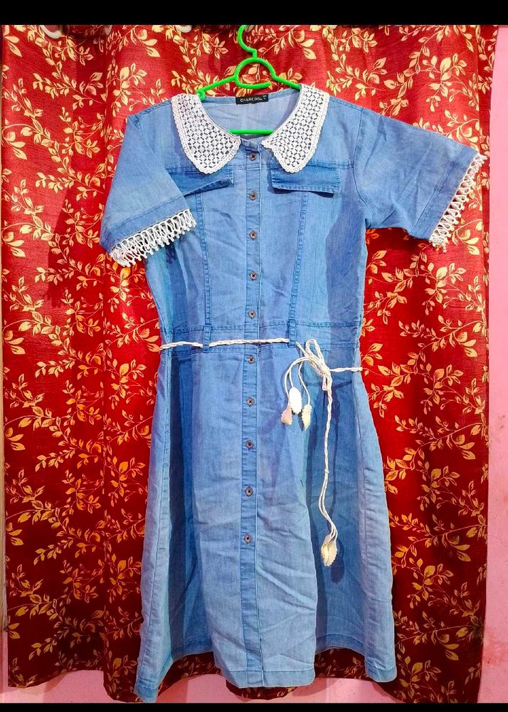 Denim Dress with Lace Collar
