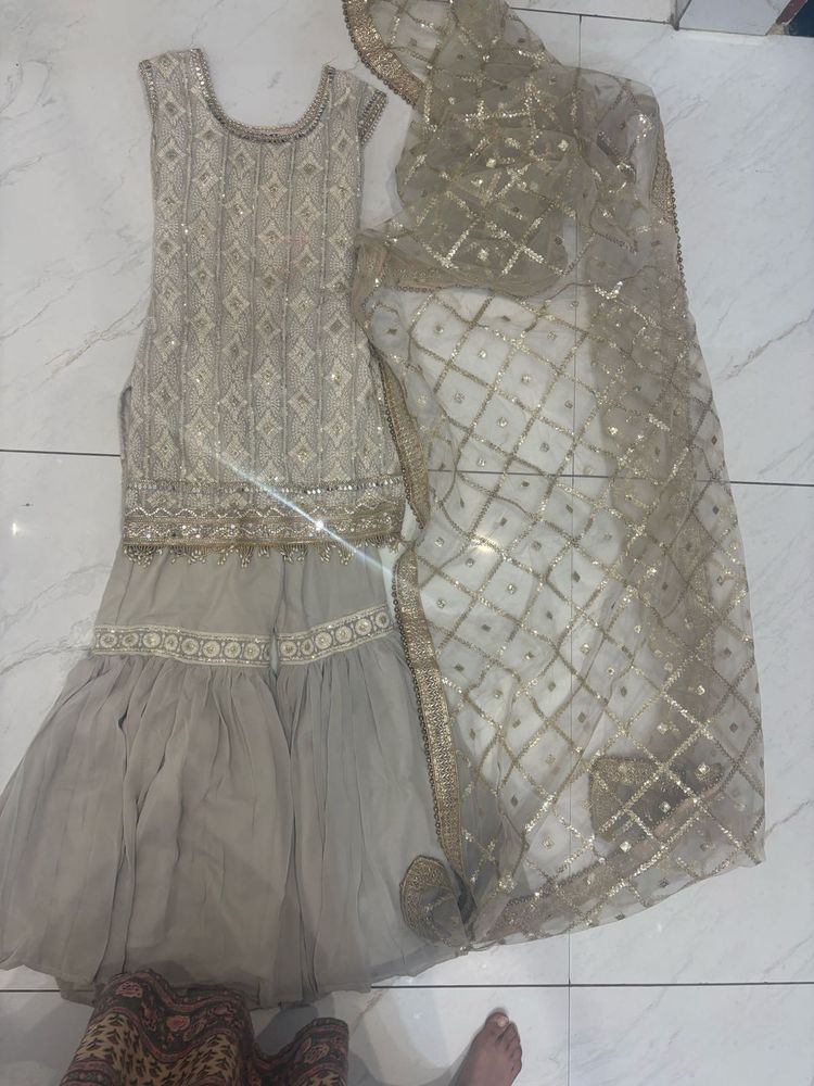 Elegant Grey &amp; Gold Sharara Suit