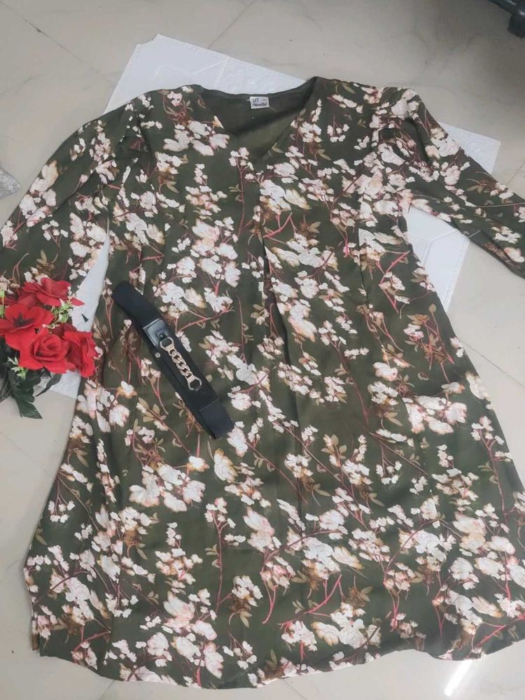 Floral Green Midi Dress With Hip Belt