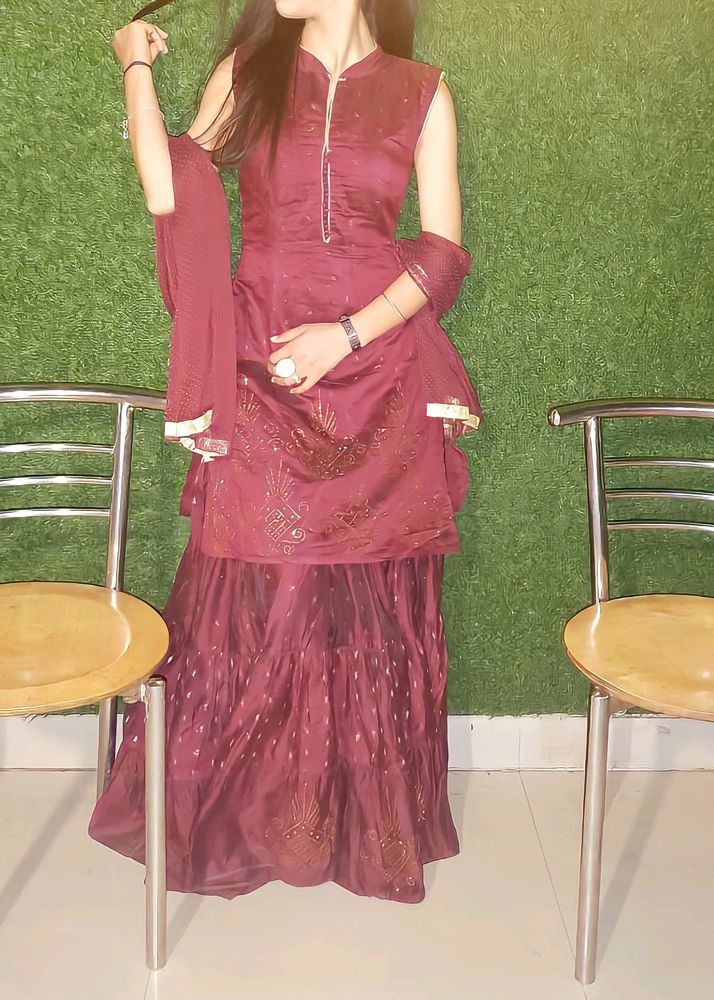 Shara One Piece Type,Wine Colour Dress With Dupata