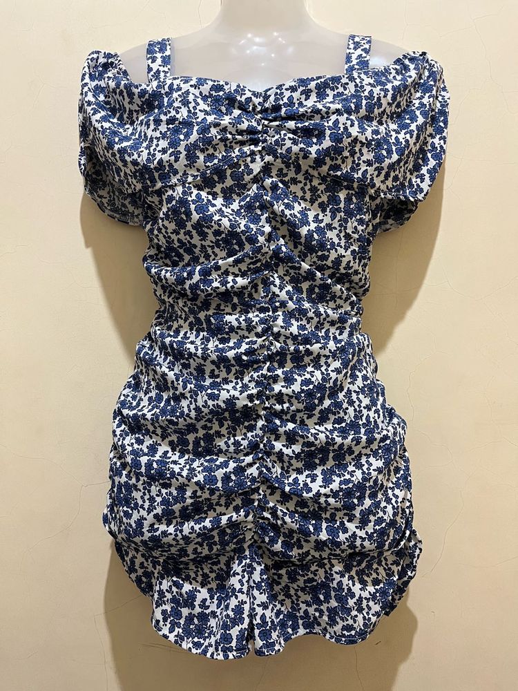 Blue &amp; White Floral Ruched Playsuit