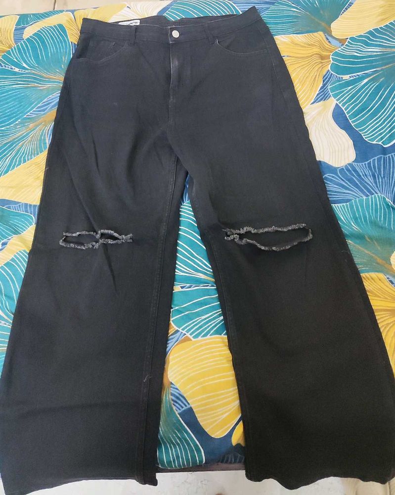 Ripped Wide Leg Black Jeans High rise